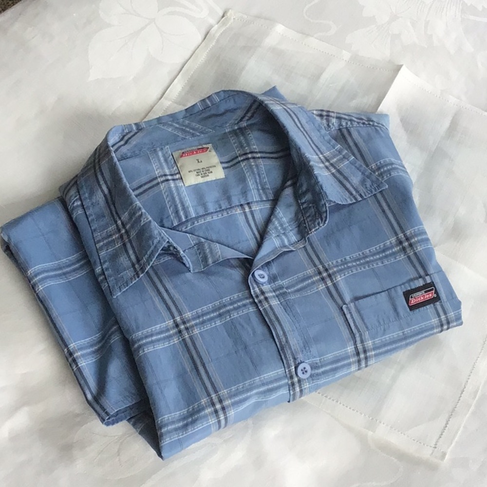 VTG 🧢 Dickies Blue Plaid Cotton Blend Short Sleeve Sz. L
